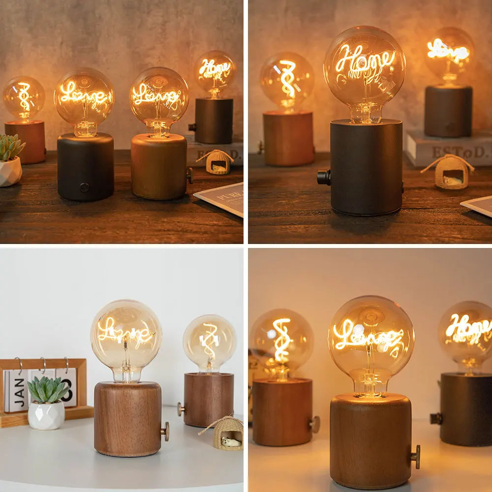 Vintage wood table lamp e27 night light eu plug for bedside desk base holder bedroom decor retro wooden lights