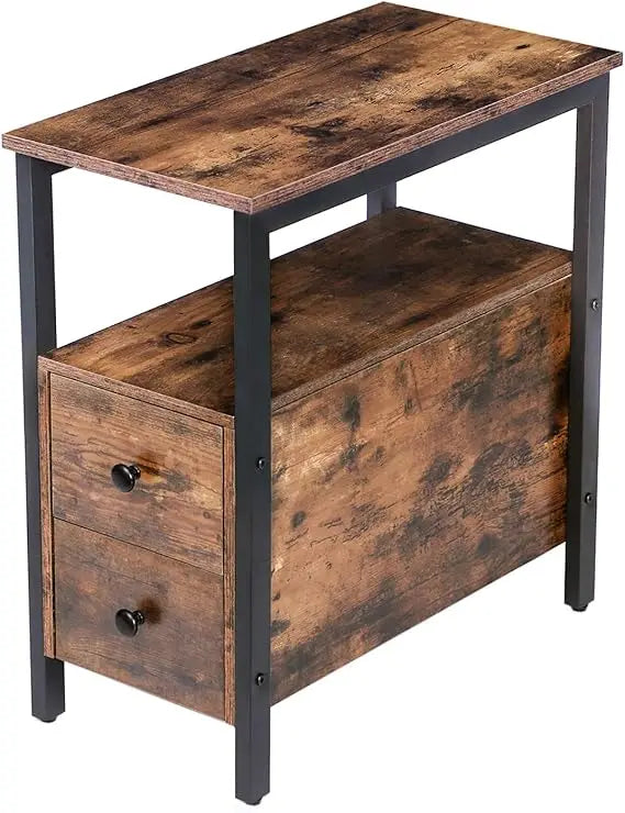Narrow chairside table with drawer and shelf nightstand for small spaces stable sturdy - rustic brown blac / united