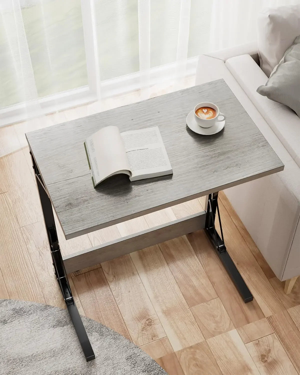 24’’ wide folding c-shaped end table small side desk for couch sofa tv tray with metal frame living room bedroom