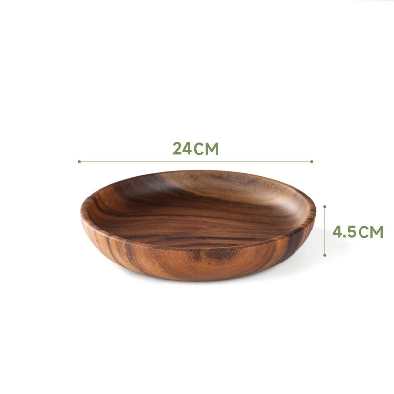 Japanese solid wood round fruit dish household dim sum salad baby fall proof wooden bowl whole thickened - 24x4.5cm