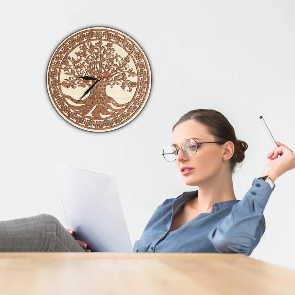 Laser cut openwork christmas tree wooden wall clock winter holidays home decor yggdrasil of life watch mediaiton gift
