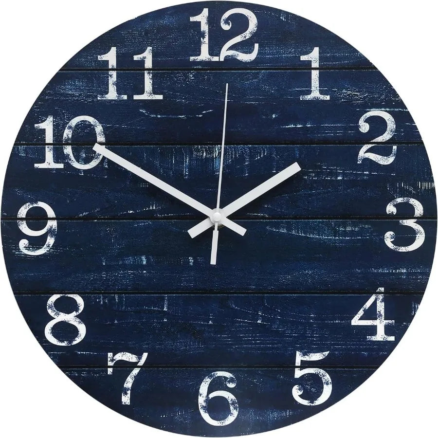 Wall clock 12 inch imitation wood silent nonticking indoor round blue decor rtic minimalist battery operated c - united