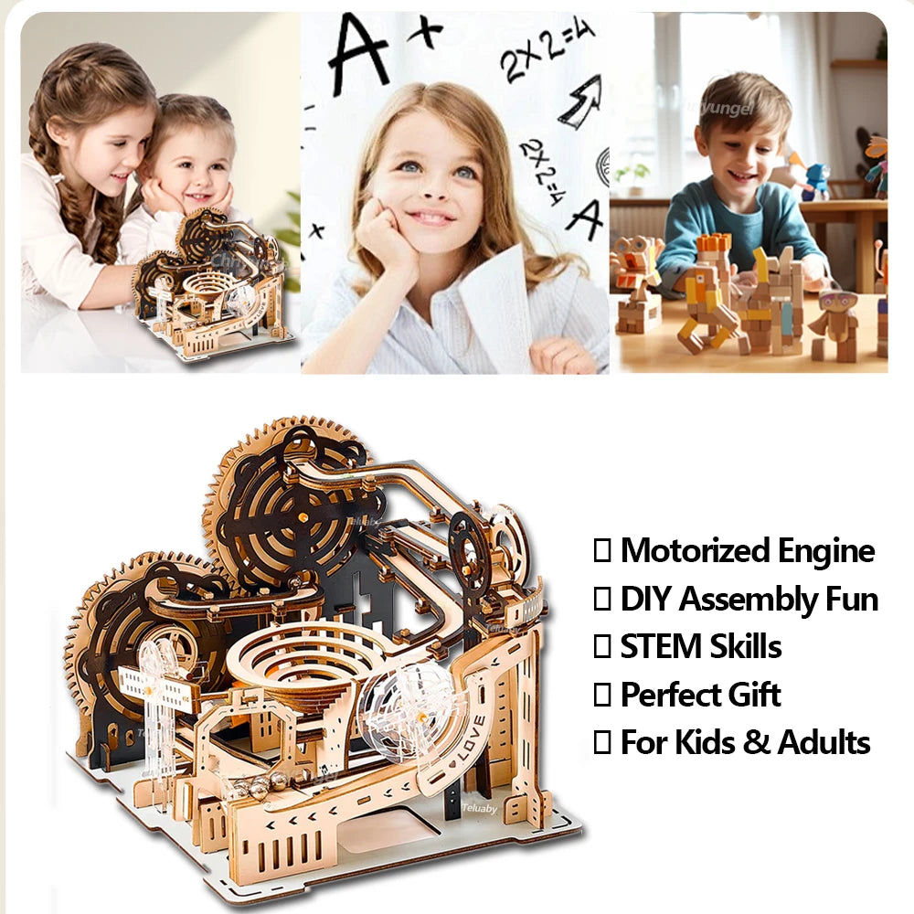 3d wooden puzzle building model kit electric motorized marble run stem educational construction toys for kids adults