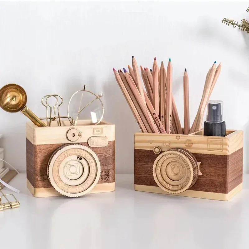 Pencil holder camera-shaped concise wood especial pen container for office