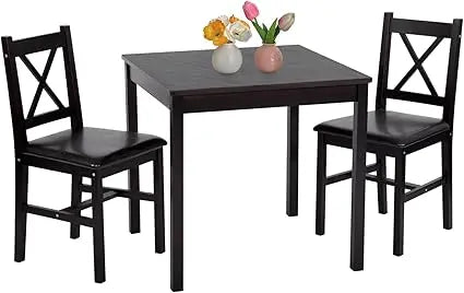 Solid wood 3-piece dining set in dark brown with pine table and upholstered chairs | space-saving kitchen design