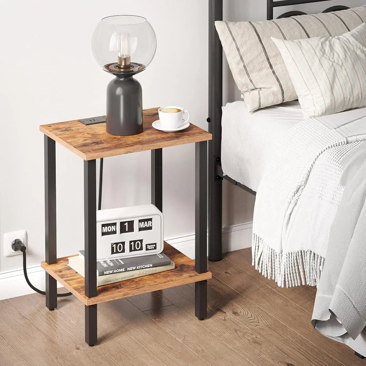 End table with charging station side usb ports and outlets nightstand 2-tier storage shelf sofa for small - united