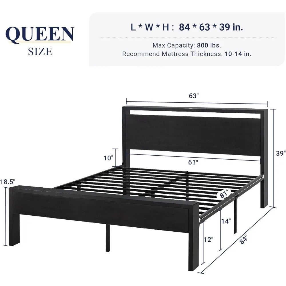 Platform bed frame with wooden headboard and footboard heavy duty 12 metal slats support,no box spring needed,under-bed