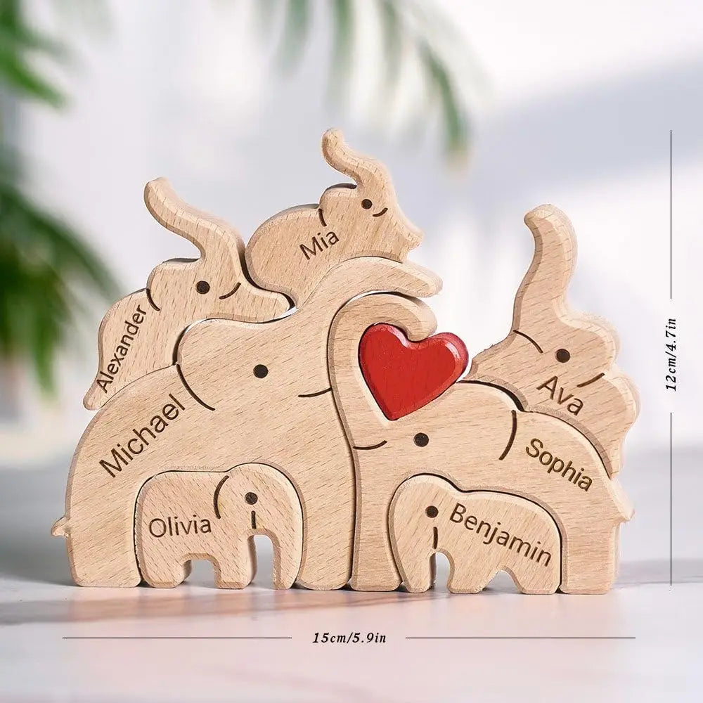 Personalized elephant family wooden puzzle love animal wood custom name sculpture free engraving decor gifts