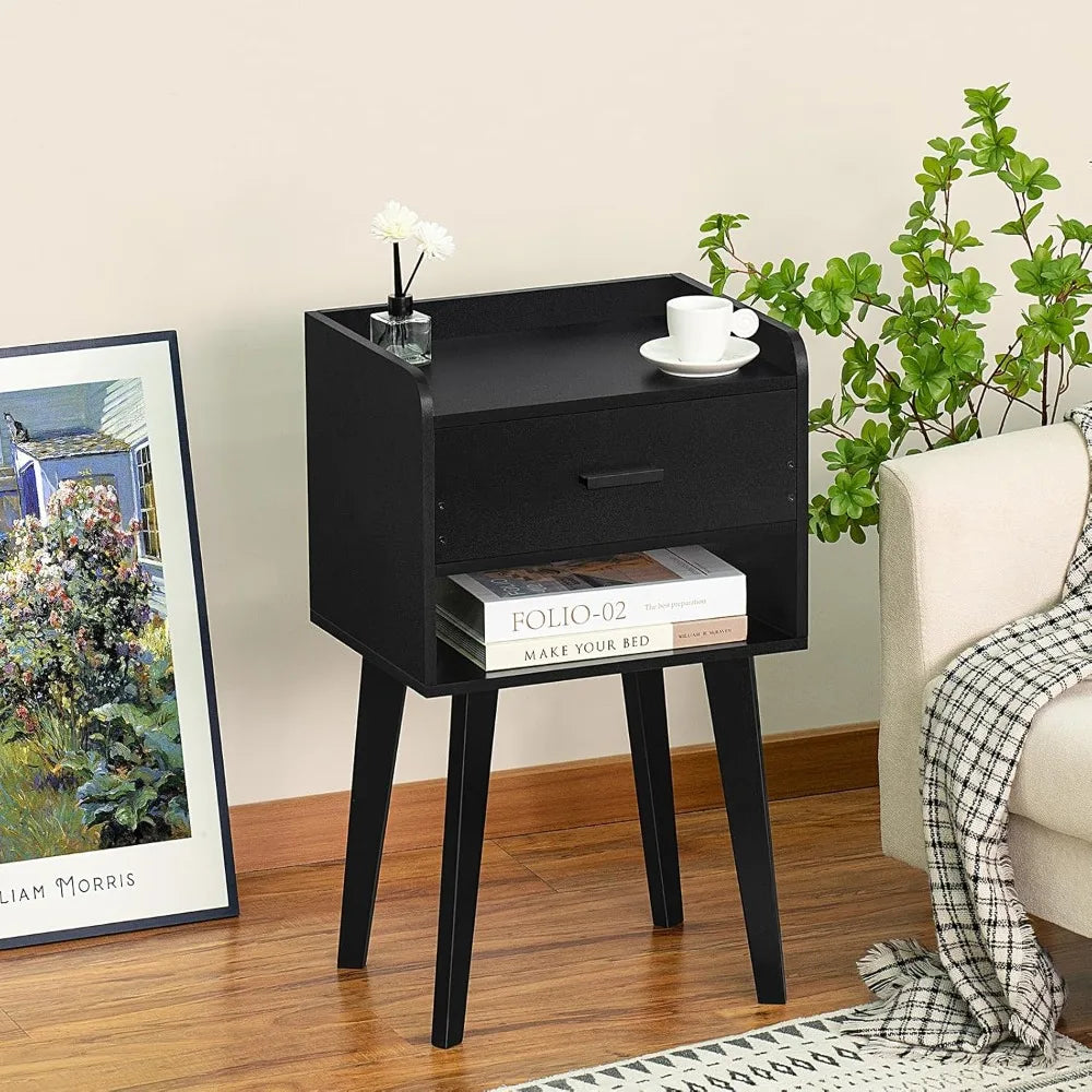 Lerliuo black nightstand set of 2 modern bed side table with drawer wood end for small space night stand bedroom/li