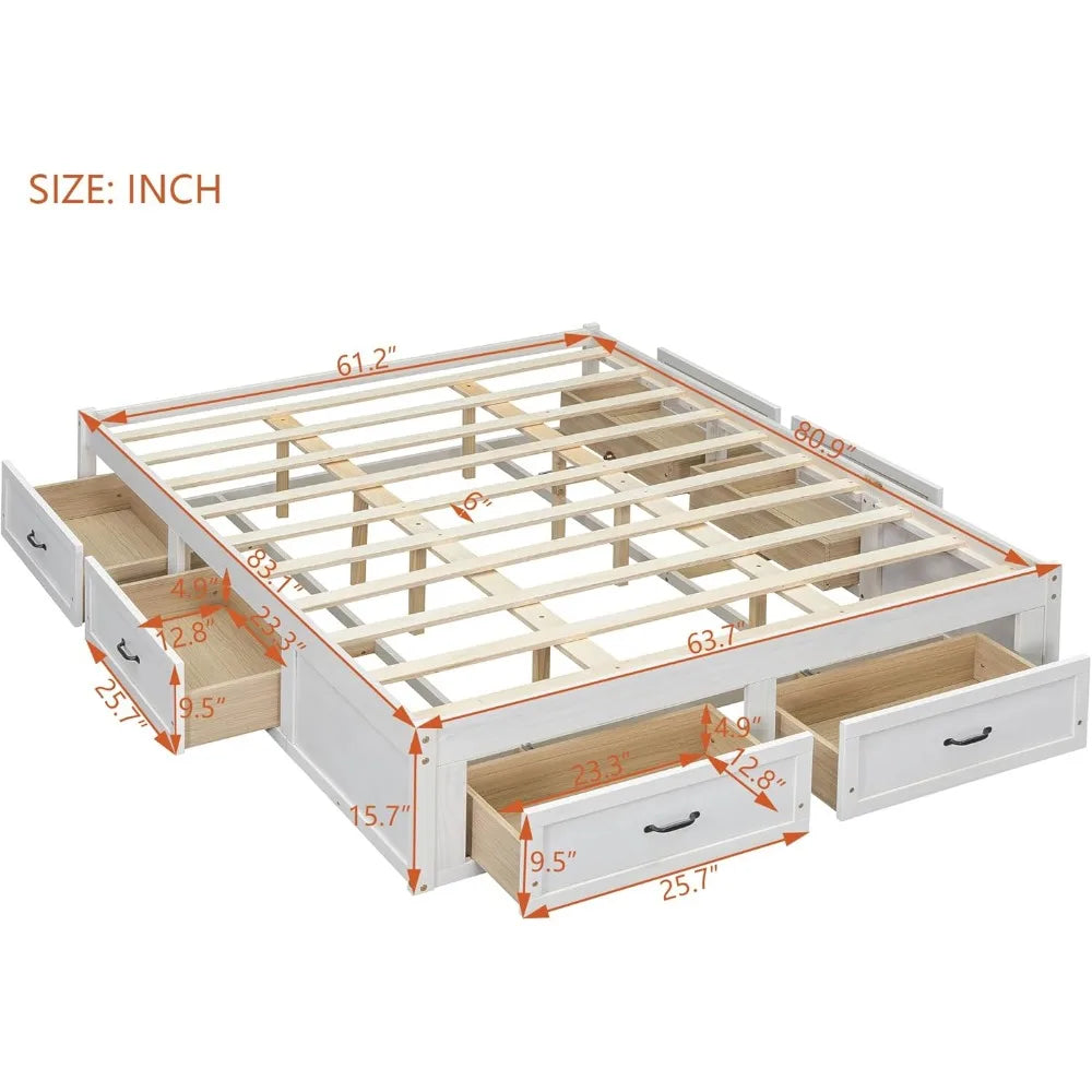 Merax platform bed queen size wooden frame with 6 storage drawers without headboard design wood slat support no box spri