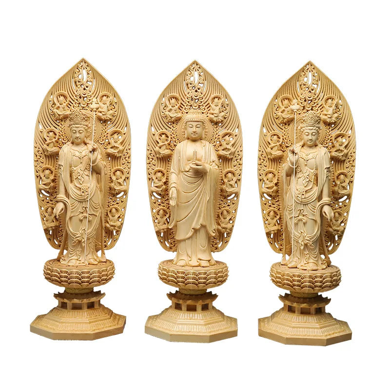 Cypress carved oriental three saints ornament solid wood sun and moonlight bodhisattva pharmacist buddha