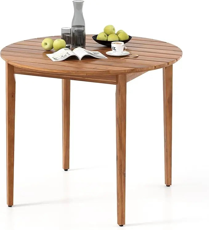 Round outdoor dining table for 4 people 36 inch acacia wood patio with slatted tabletop indoor farmhous - natural