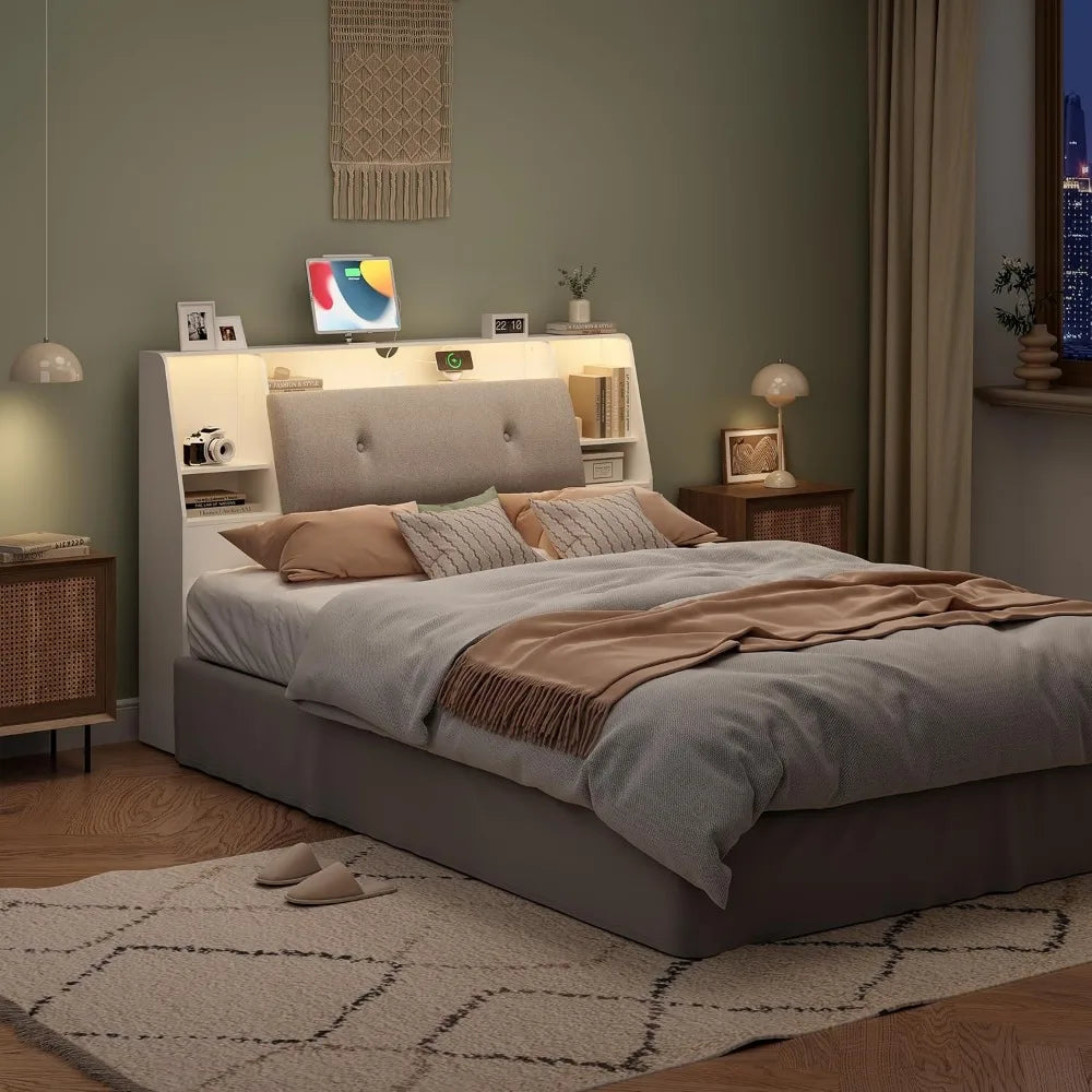 Headboard queen size with storage upholstered wood bookcase charging station & 2 led lights (white queen-soft)