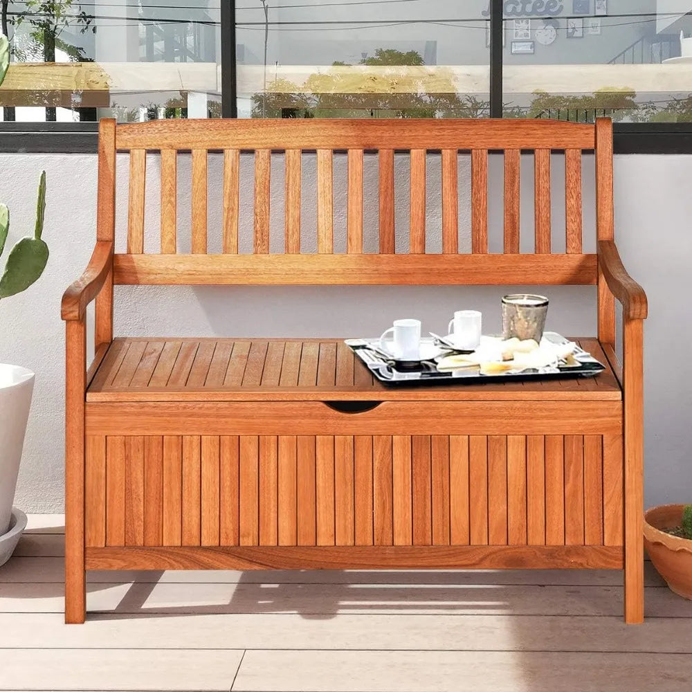 Wooden outdoor storage bench with removable lining and portable handle for deck entryway - united states / natural