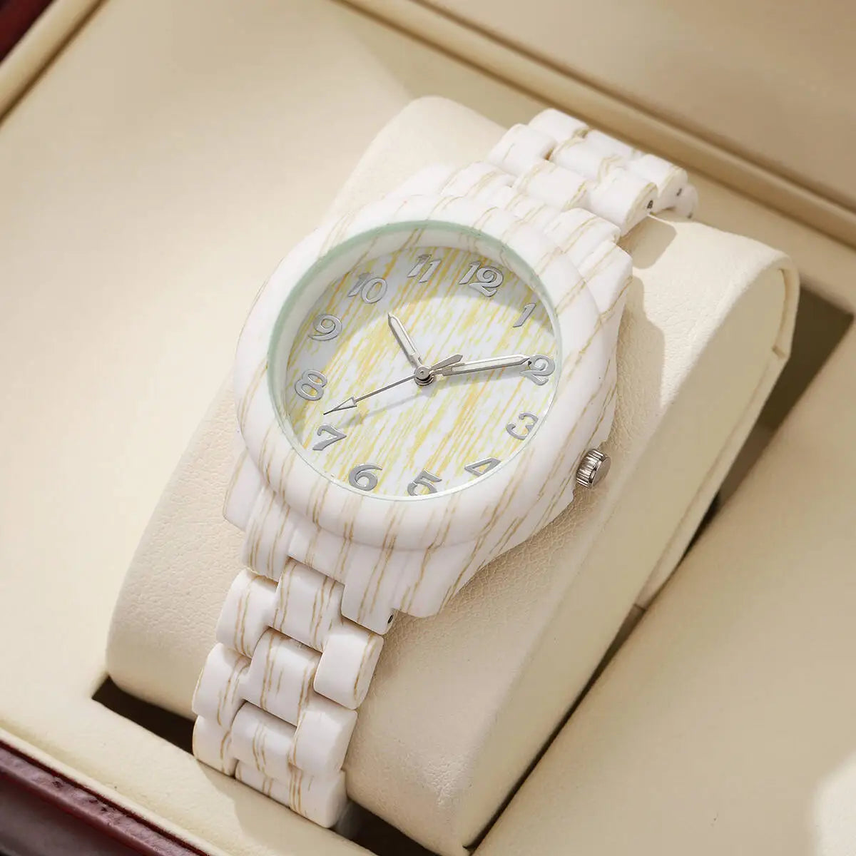 Fashion women watches casual wooden pattern plastic band quartz watch relogios feminino（without box） - white without box