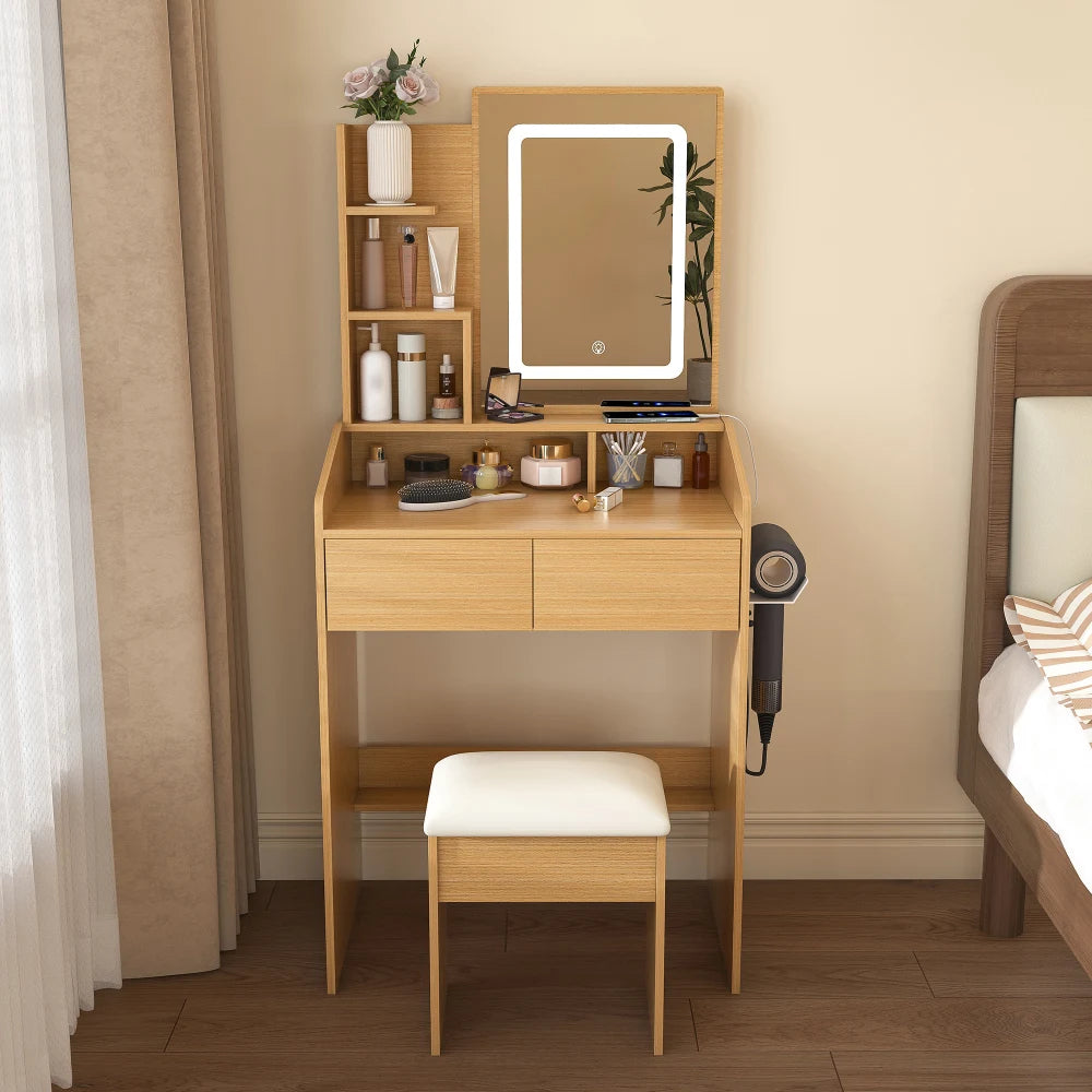 Vanity table with led-illuminated mirror power outlet hairdryer holder & stool compact dressing desk for small