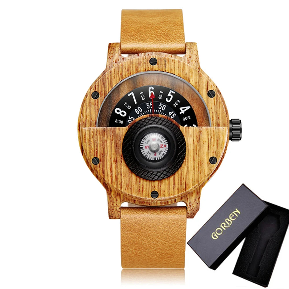 Natural wood watch men’s rotary table compass dial real walnut ebony bamboo brown concept quartz - w210-2 with box