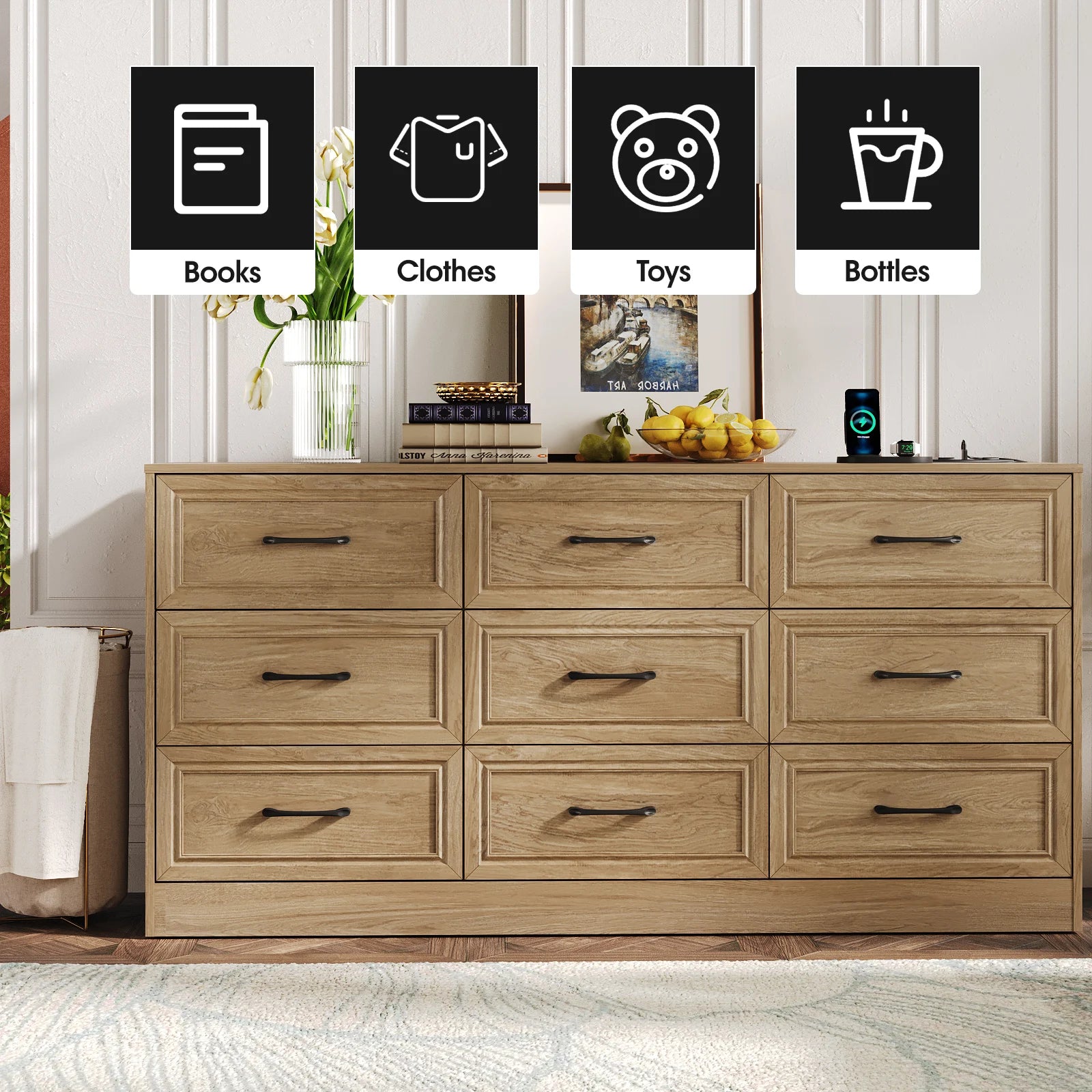 Vabches wood dresser for bedroom 9 drawer with power outlet&metal handles chest of drawers storage organizer hallway