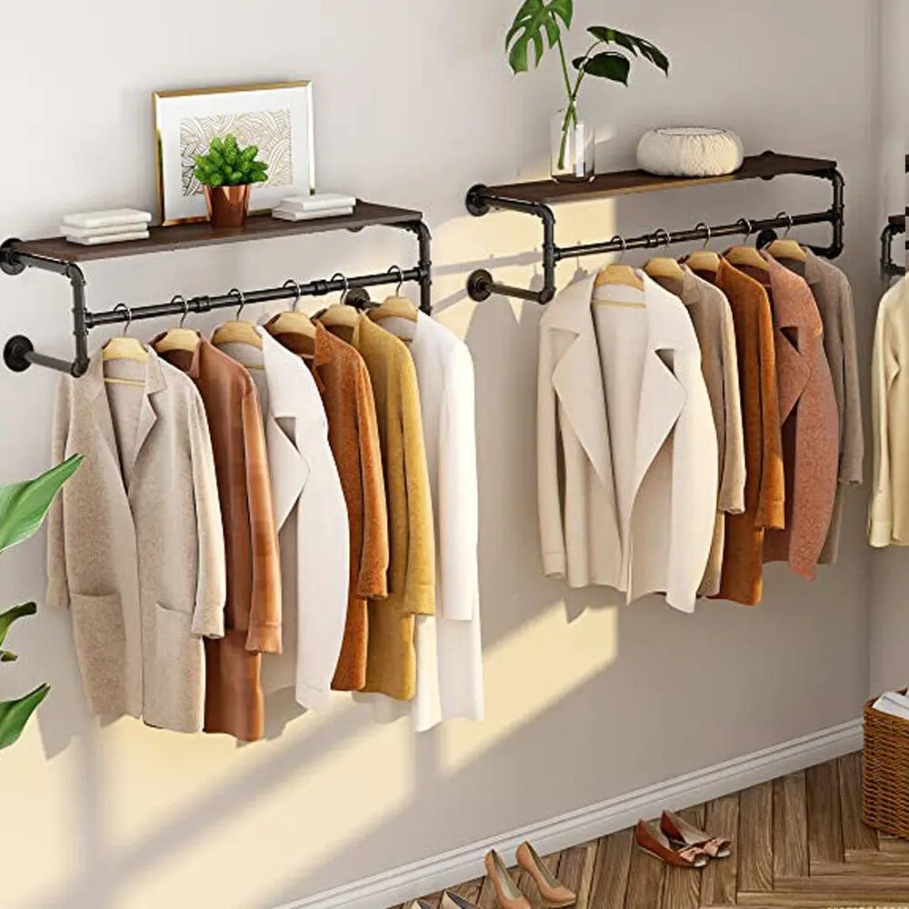 Industrial pipe clothing rack wall mounted wood shelf shelving floating shelves retail garment display racks