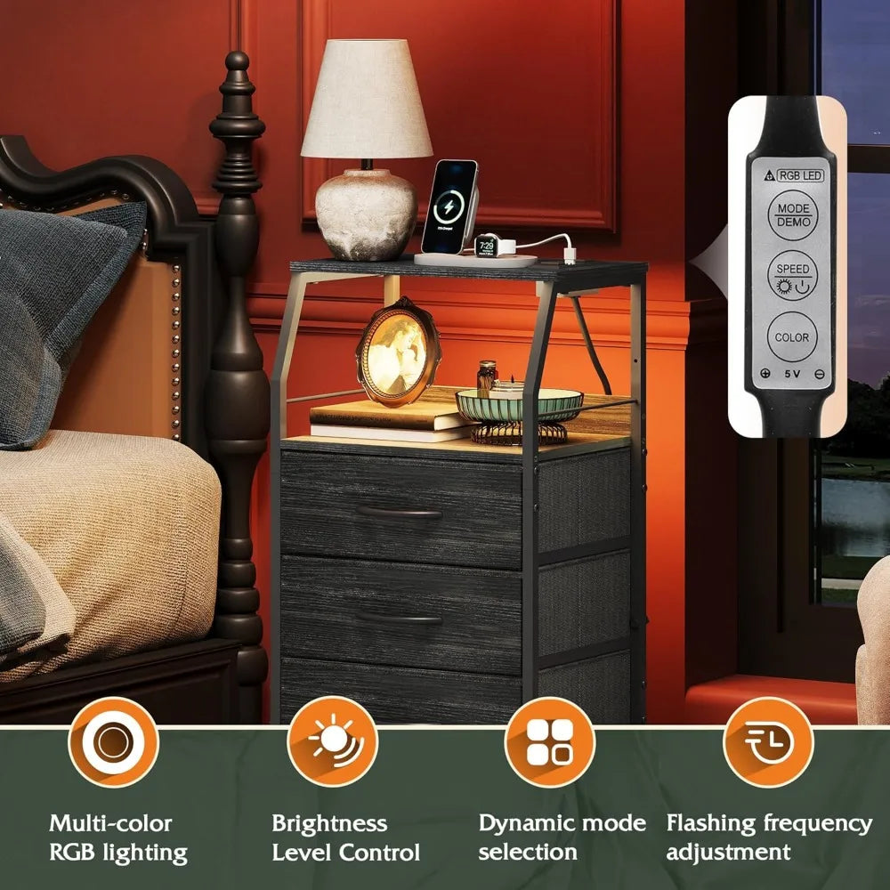 Pair of modern nightstands with built-in charging station led lighting and fabric drawers for bedroom storage - united