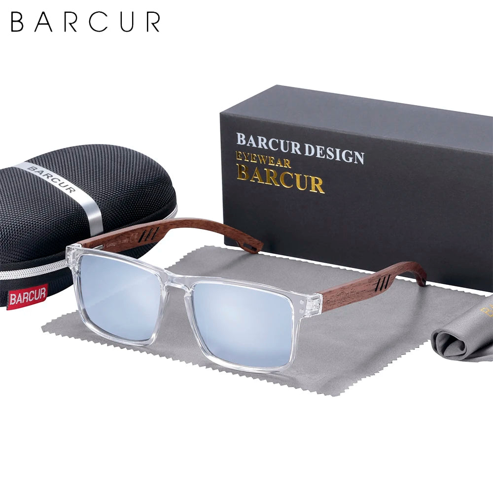 Barcur men sunglasses for brand designer natural walnut wood sun glasses women polarized eyewear uv400 oculos - clear