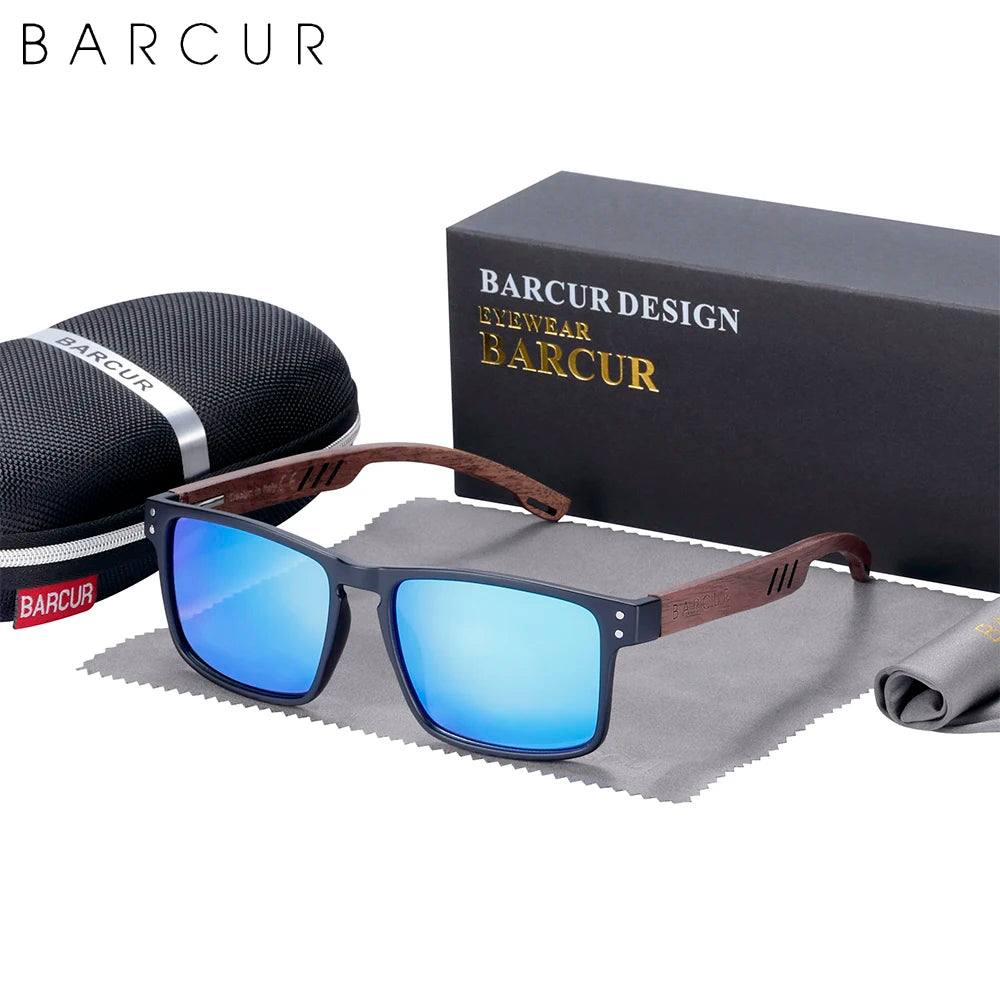 Barcur men sunglasses for brand designer natural walnut wood sun glasses women polarized eyewear uv400 oculos - black