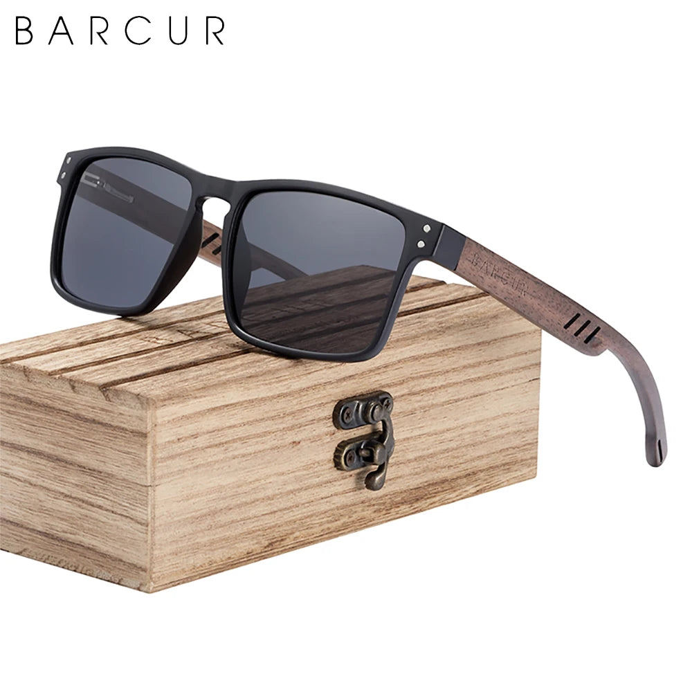 Barcur original natural wood sunglasses polarized sun glasses for men square luxury brand eyewear - black gray / china