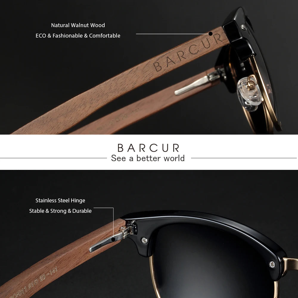 Barcur classic black walnut wood sunglasses men polarized sun glasses women handmade eyewear oculos