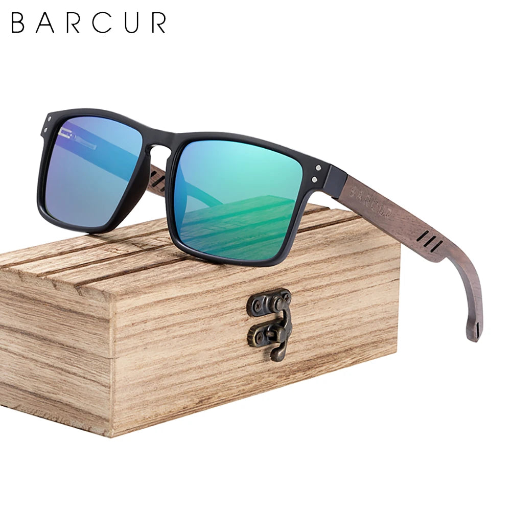 Barcur men sunglasses for brand designer natural walnut wood sun glasses women polarized eyewear uv400 oculos - black