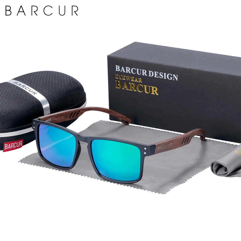 Barcur men sunglasses for brand designer natural walnut wood sun glasses women polarized eyewear uv400 oculos - black