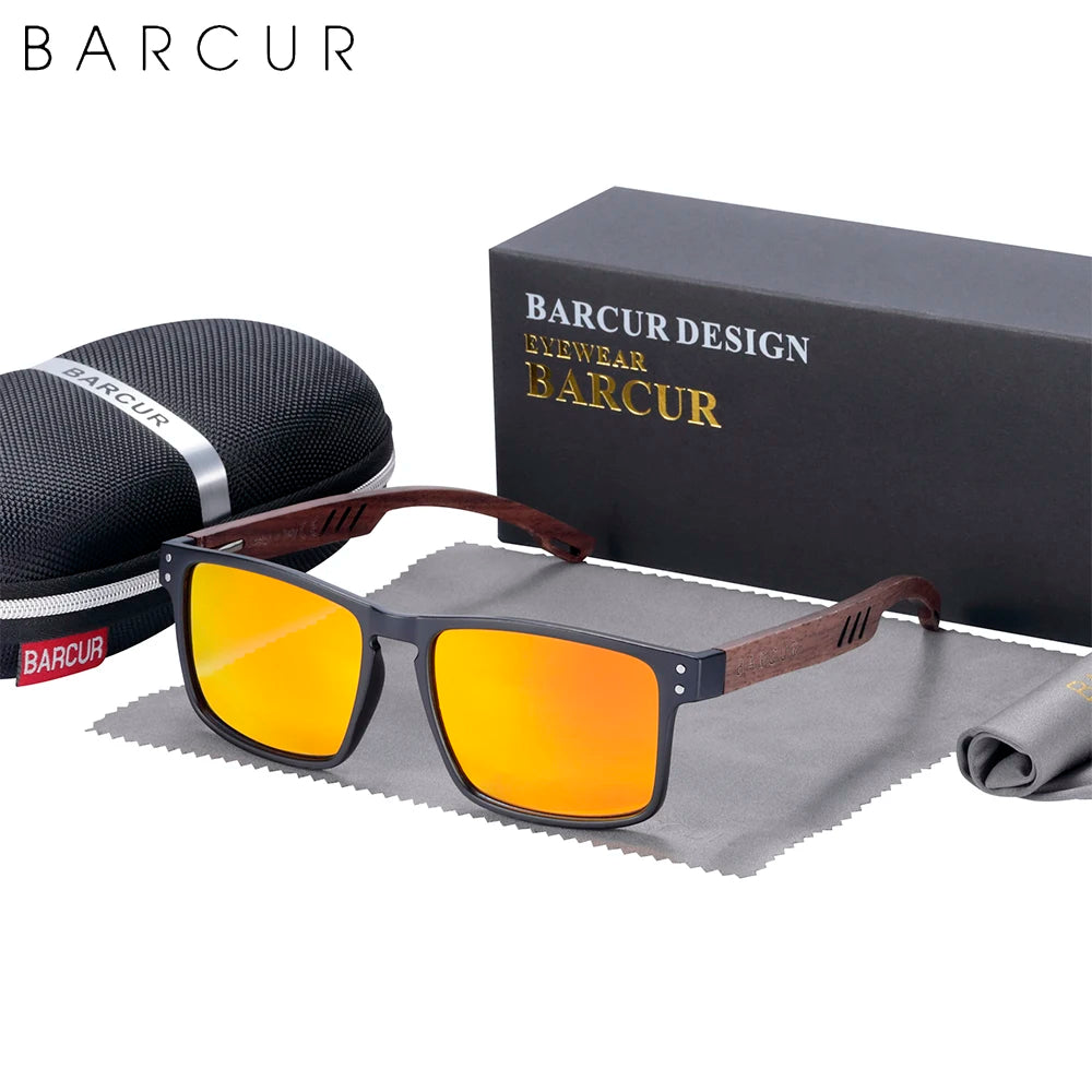 Barcur men sunglasses for brand designer natural walnut wood sun glasses women polarized eyewear uv400 oculos - black