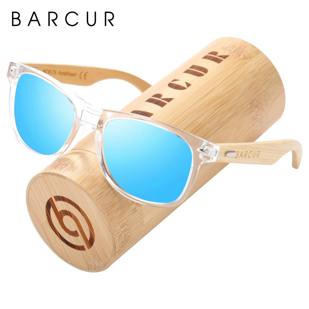Barcur polarized bamboo sunglasses men wooden sun glasses women brand original wood uv400 oculos de sol - clear blue 1