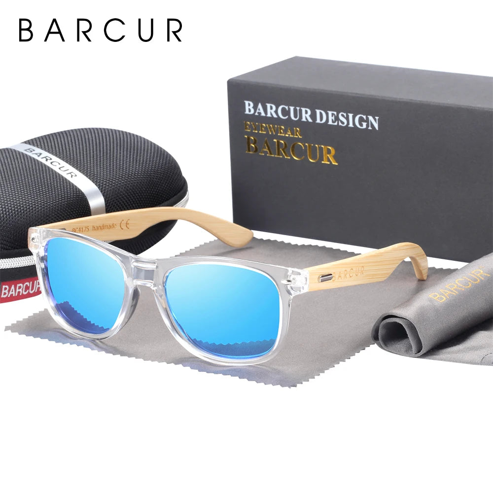 Barcur polarized bamboo sunglasses men wooden sun glasses women brand original wood uv400 oculos de sol - clear blue