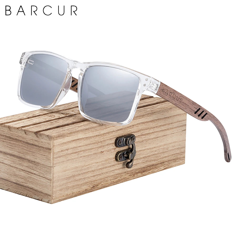 Barcur men sunglasses for brand designer natural walnut wood sun glasses women polarized eyewear uv400 oculos - clear