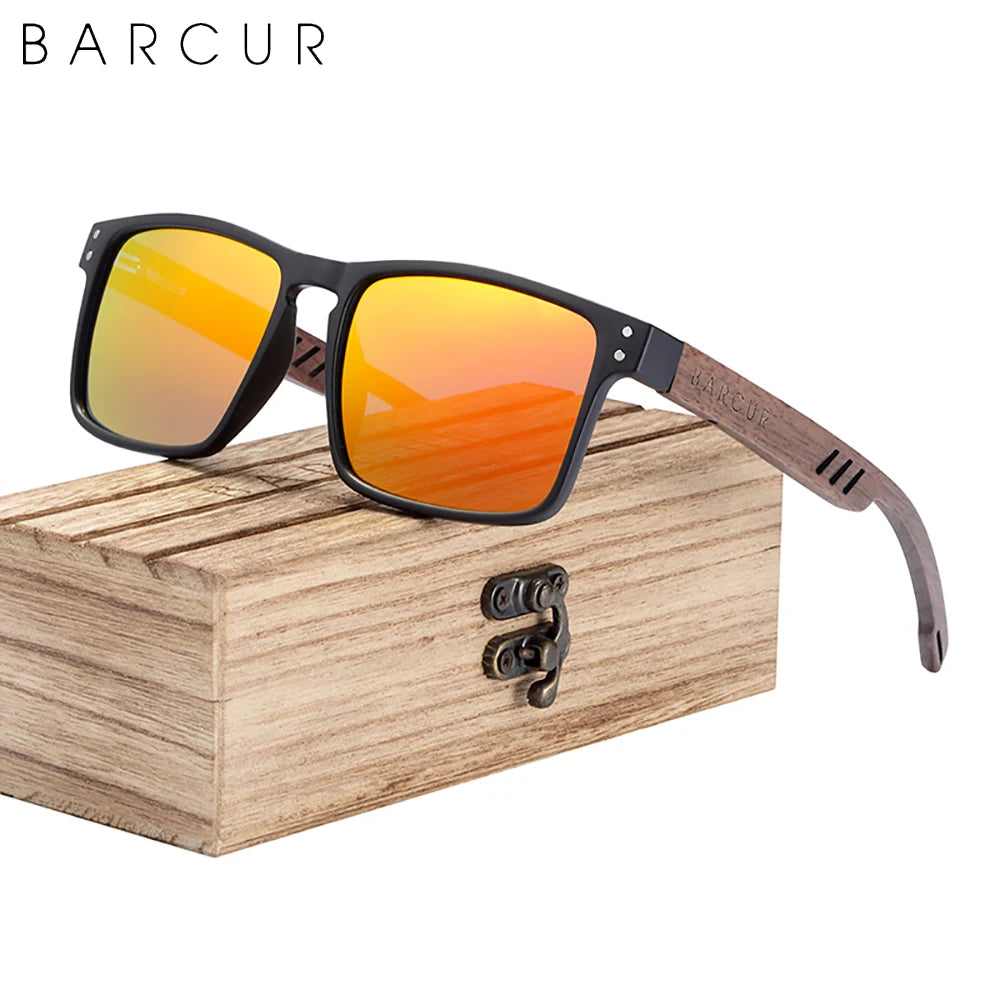 Barcur men sunglasses for brand designer natural walnut wood sun glasses women polarized eyewear uv400 oculos - black