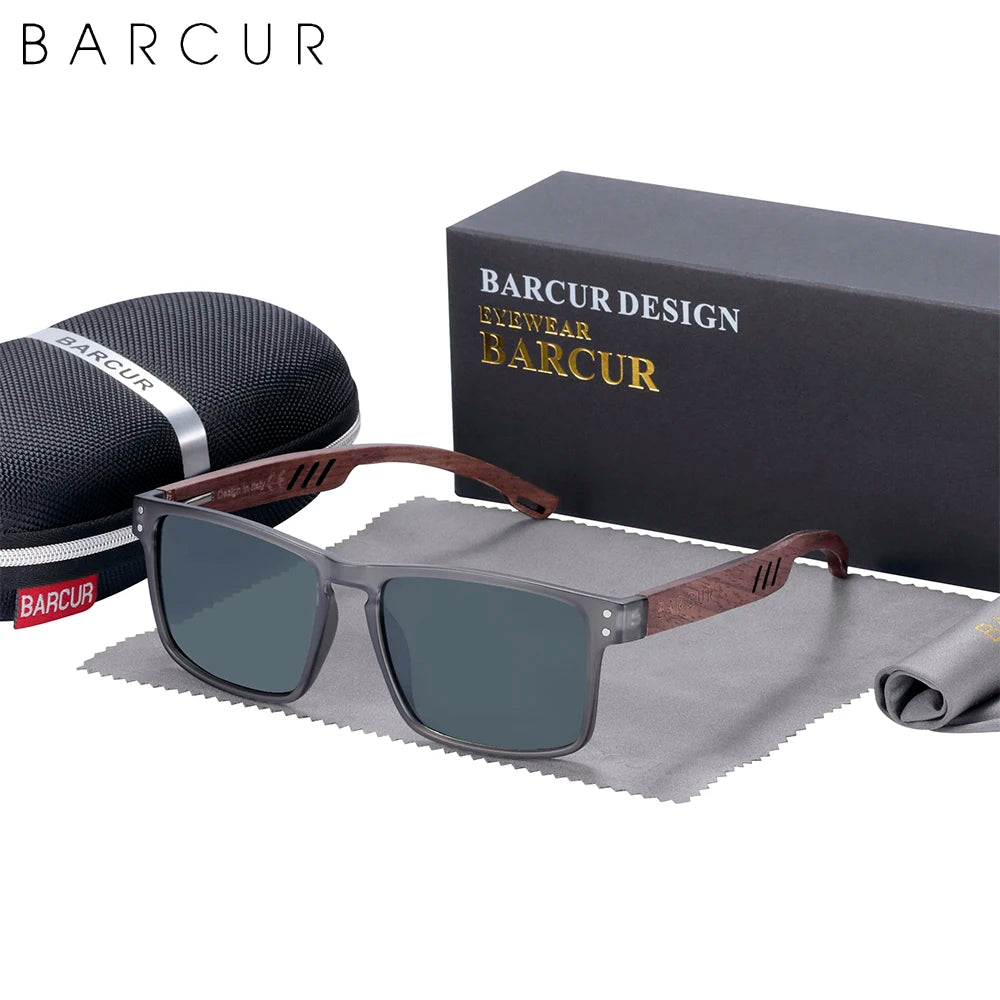 Barcur men sunglasses for brand designer natural walnut wood sun glasses women polarized eyewear uv400 oculos - gray