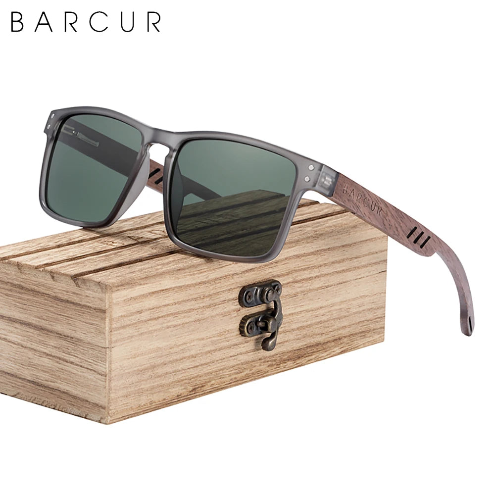 Barcur men sunglasses for brand designer natural walnut wood sun glasses women polarized eyewear uv400 oculos - gray