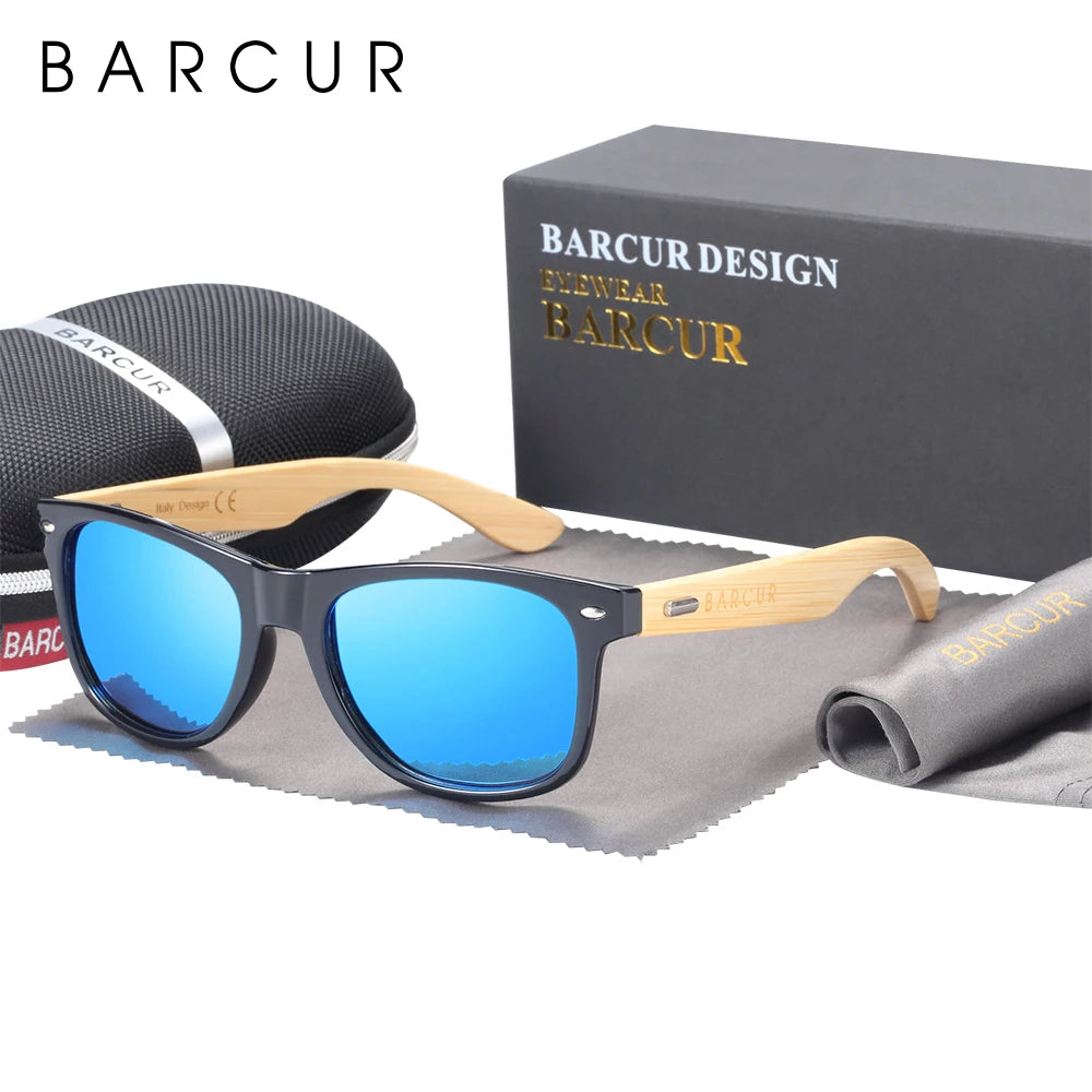 Barcur polarized bamboo sunglasses men wooden sun glasses women brand original wood uv400 oculos de sol - sky blue