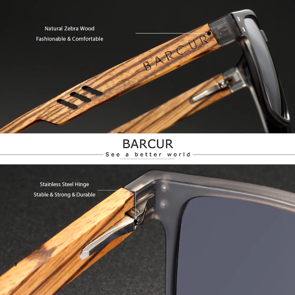 Barcur design brand wood sunglasses zebra temple wooden sun glasses men polarized vintage women uv400 protection free