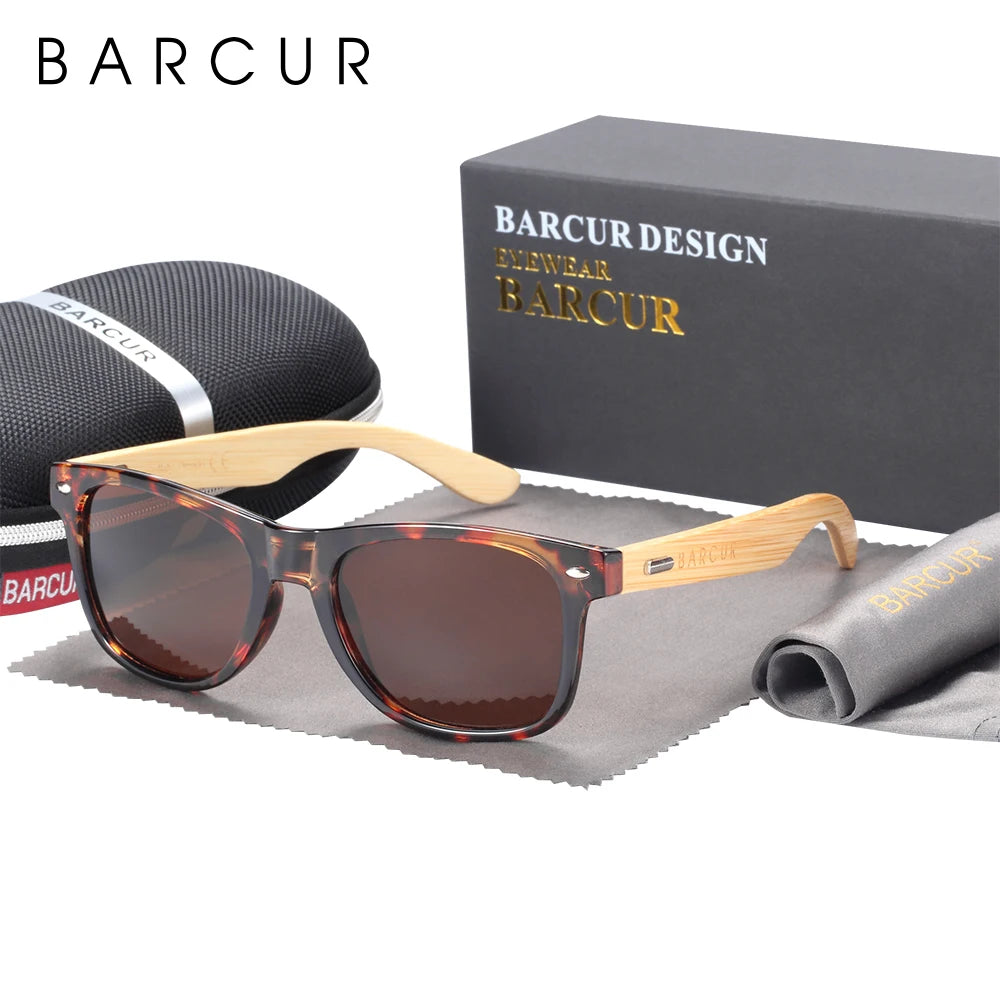 Barcur polarized bamboo sunglasses men wooden sun glasses women brand original wood uv400 oculos de sol - loepard tea