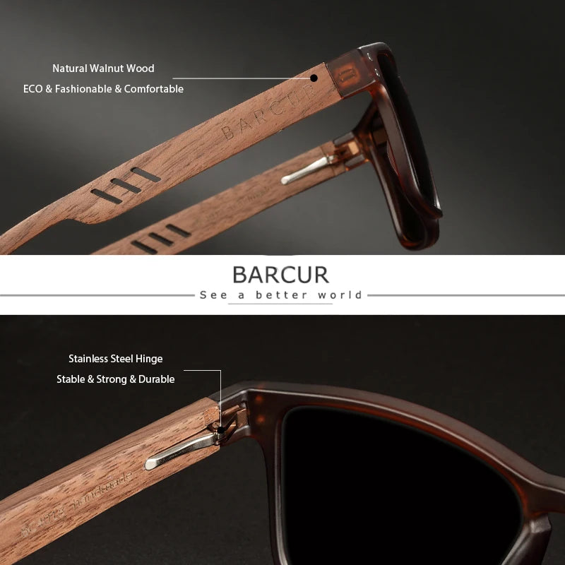 Barcur men sunglasses for brand designer natural walnut wood sun glasses women polarized eyewear uv400 oculos