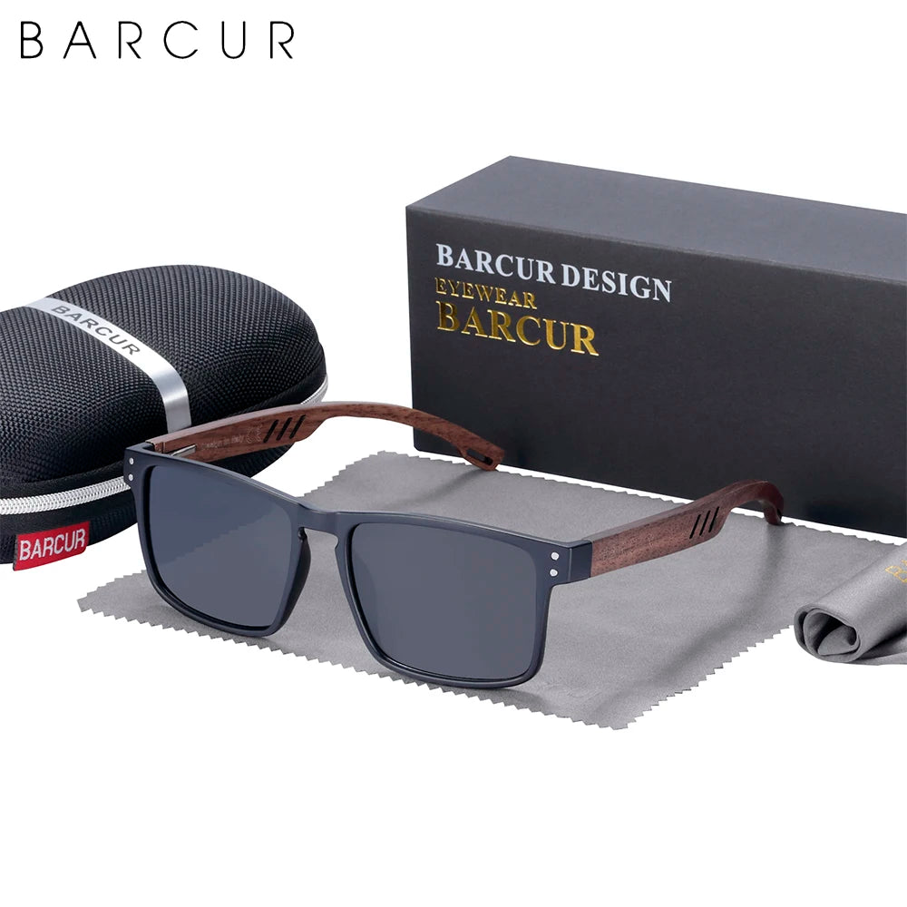Barcur original natural wood sunglasses polarized sun glasses for men square luxury brand eyewear - black gray eva