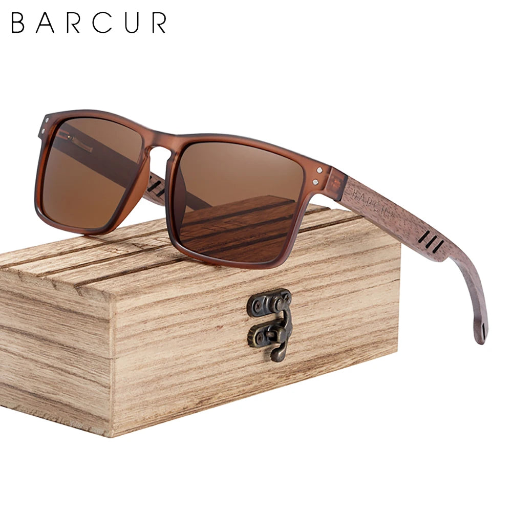 Barcur men sunglasses for brand designer natural walnut wood sun glasses women polarized eyewear uv400 oculos - brown